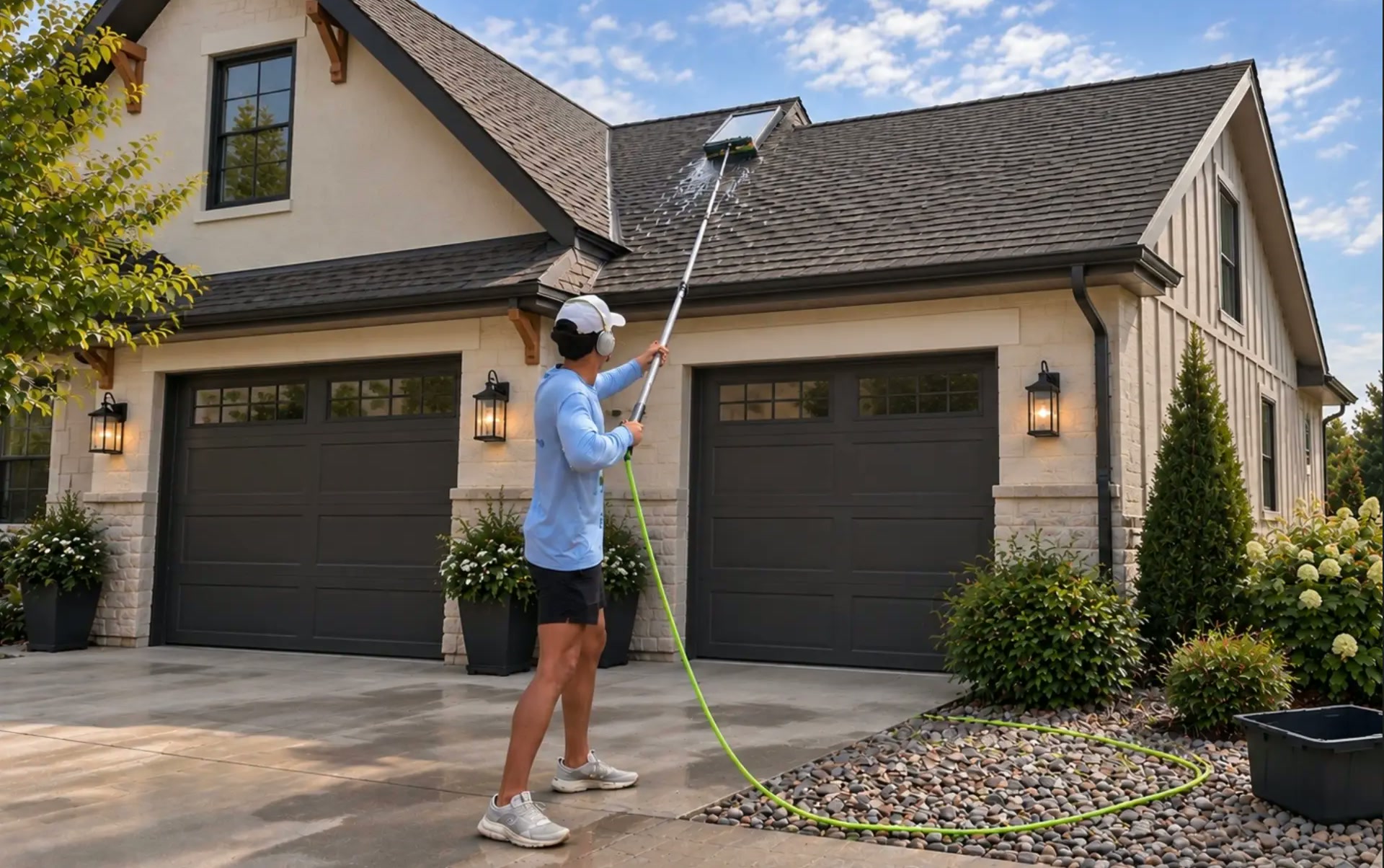 Happy Home Services technician using a water-fed pole to clean an upper window on a home